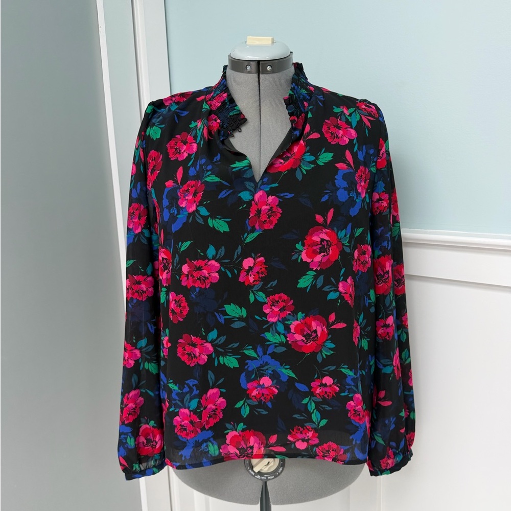 EUC J. Crew Black and Pink Floral Blouse L